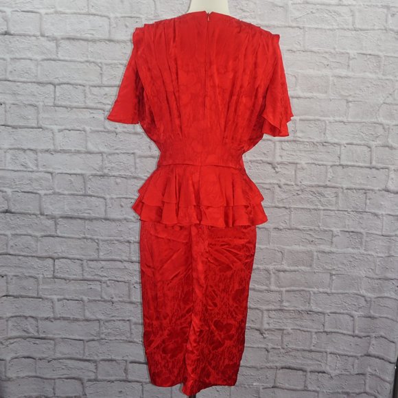Vintage 80s Floral Silk Dolman Flutter Sleeve Peplum Dress 8 - Picture 4 of 7